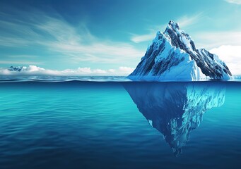A majestic iceberg floating on the calm blue waters of the ocean under a clear sky with wispy clouds, reflecting the majesty of nature