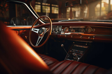 Close-up of a vintage car's plush leather seats and retro dashboard with glowing dials - obrazy, fototapety, plakaty