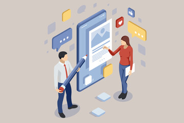 Isometric Blogger Promotion Services. Network Marketing Insights. Social media platform, online social communication applications