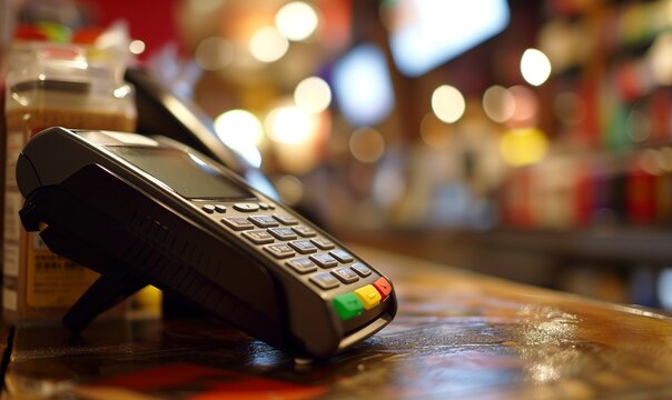 a touchscreen display, a keypad, and a contactless reader at the shop