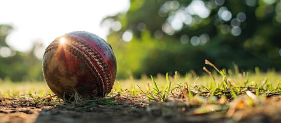 Cricket ball on pitch, ready for action. - obrazy, fototapety, plakaty