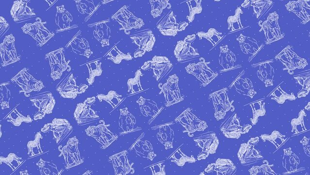 Crocodile. Zebra, Beer, Tiger Doodle Hand Drawn Pattern Animation. Seamless Jungle Animal Pattern Motion, Different Wild Animal Pattern Texture Animation On Blue Background. Animal White Outline Patte
