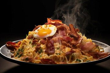 Plate combining Italian and Thai influences with pad Thai carbonara and crispy bacon.