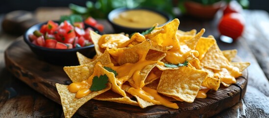 Delicious tortilla chips with cheese sauce. - obrazy, fototapety, plakaty