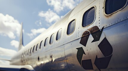 An eco-friendly airplane emblazoned with a recyclable symbol on its fuselage, representing sustainable aviation and green travel initiatives.