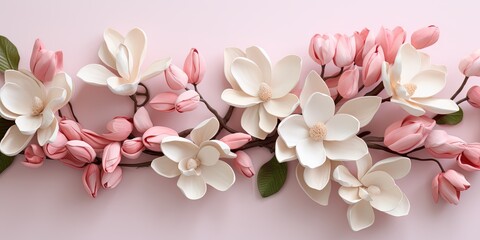 Fototapeta na wymiar Magnolias flowers background banner panorama - Set collection collogae of beautiful blooming magnolia branch on a bowl, top view