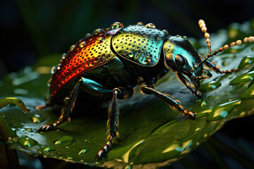 Close-up of a beetle perched on a leaf covered in morning dew.