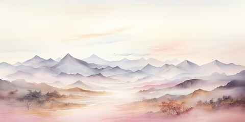 Soft pastel color watercolor abstract brush painting art of beautiful mountains, mountain peak minimalism landscape with golden lines, panorama banner illustration, white background - obrazy, fototapety, plakaty