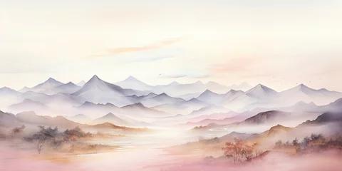 Foto op Plexiglas Soft pastel color watercolor abstract brush painting art of beautiful mountains, mountain peak minimalism landscape with golden lines, panorama banner illustration, white background © Sasha