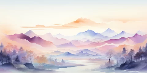 Fototapeten Soft pastel color watercolor abstract brush painting art of beautiful mountains, mountain peak minimalism landscape with golden lines, panorama banner illustration, white background © Sasha