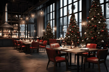 Fototapeta premium Urban Elegance: Modern Luxury Restaurant adorned with Festive Christmas Tree for the Holidays, Stylish Dining: Modern Luxury Eatery with Holiday Decor 