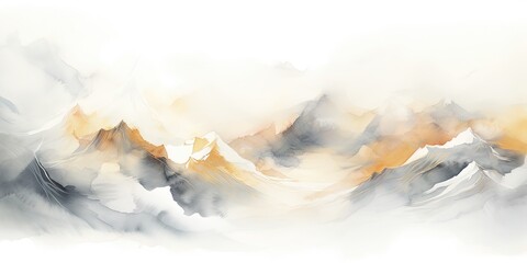Soft pastel color watercolor abstract brush painting art of beautiful mountains, mountain peak minimalism landscape with golden lines, panorama banner illustration, white background