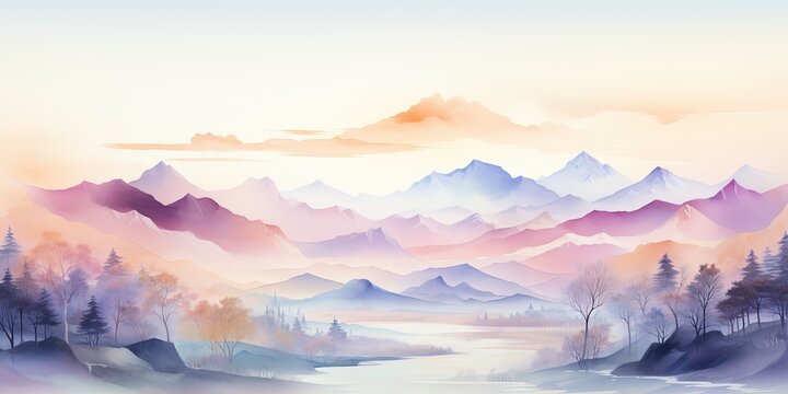 Soft Pastel Color Watercolor Abstract Brush Painting Art Of Beautiful Mountains, Mountain Peak Minimalism Landscape With Golden Lines, Panorama Banner Illustration, White Background