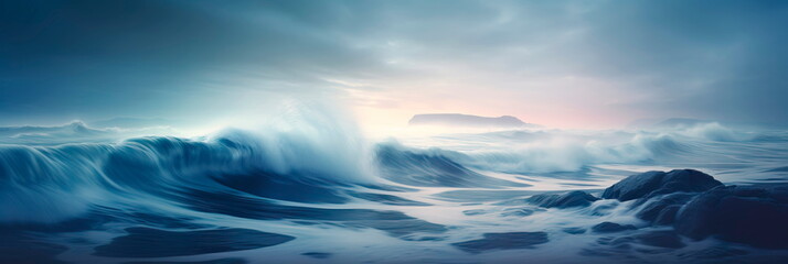 serene and dreamy effect of ocean waves using a long exposure, giving the water a soft, blurred appearance. Generative AI - obrazy, fototapety, plakaty