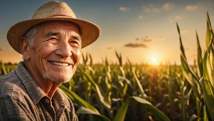 Fotobehang Elderly farmer smiling in a lush cornfield at sunset, wearing a straw hat and a gray plaid shirt, displaying joy and satisfaction with his agriculture. © Tom