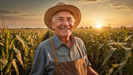 Elderly farmer with a joyful expression standing in a cornfield at dusk, wearing a straw hat, gray shirt, and brown overalls, embodying the essence of rural life and agriculture.