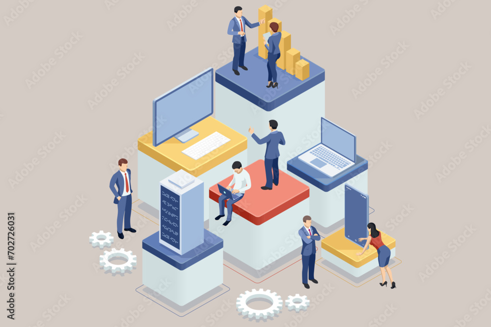 Poster isometric business people at the forefront of global networking, utilizing customer data analytics f