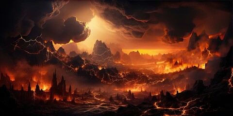 The crater is erupting, smoke, lava, Apocalyptic volcanic landscape with hot flowing lava and smoke and ash clouds. - obrazy, fototapety, plakaty
