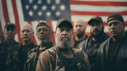 Group of Veterans with American Flag Background - obrazy, fototapety, plakaty