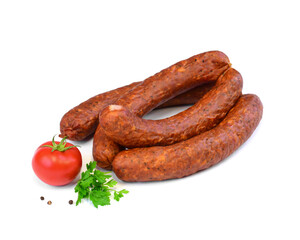 Smoked Sausages, Cooked Traditional Sausages on White Background