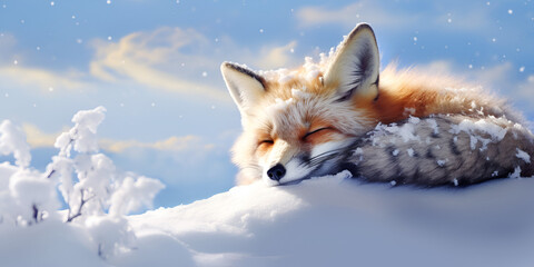 Whispers of Winter Dreams The Enchanting Tale of a Japanese Red Fox Sleeping in the Snow, A Majestic Japanese Red Fox Embraces Tranquility Amidst the Snowy Blanket generative AI