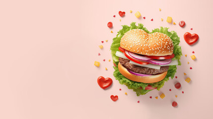Hamburger in a shape of heart on light pink background. Bun with sesame seeds with roasted beef, lettuce and onion rings. Valentine Day fast-food advertisement. Copy text space, flat lay