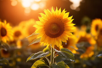 Naklejka premium Beautiful sunflower close-up in a field of light