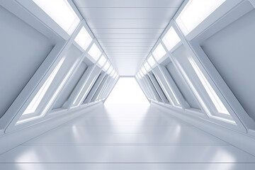 Empty Long Light Corridor, Futuristic Modern White Sci-Fi Triangle Tunnel Background