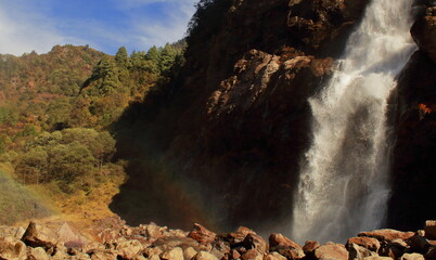 beautiful jang falls or nuranang waterfall, near tawang hill station on himalayan foothills in arunachal pradesh, north east india