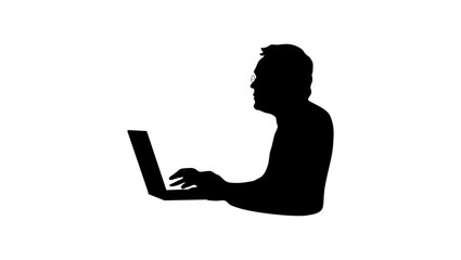 man working on laptop, black isolated silhouette