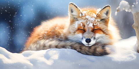 Fox's Hibernation Symphony Capturing the Sublime Elegance of a Japanese Red Fox at Rest in the Icy Stillness, Winter's Lullaby generative AI