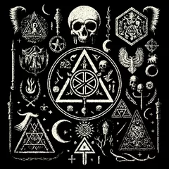Fotobehang Occult symbols composition in dotwork style. Abstract mystic elements, Skull, candles and sacred triangle with eye in retro flat lay composition. © swillklitch