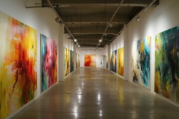 A vibrant indoor gallery filled with a stunning exhibition of modern art, showcasing a variety of visually captivating paintings lining the walls and reaching up to the high ceiling