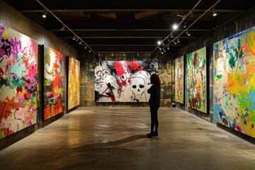A woman stands in a modern art gallery, surrounded by vibrant paintings and graffiti, her eyes drawn to the ceiling and walls covered in visual arts