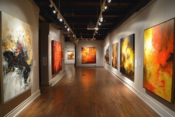 A vibrant display of contemporary masterpieces adorning the walls of a spacious art gallery, inviting the viewer to explore the depths of human expression - obrazy, fototapety, plakaty