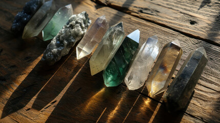 Beautifully arranged line of clear crystals on a textured wooden table surface, sunlight and moonlight charging and cleansing ritual. Manifestation energy practice, cinematic. 