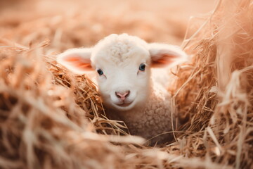 Portrait of cute white small sheep lamb in straw nest. Peach fuzz color. Color of 2024 concept....