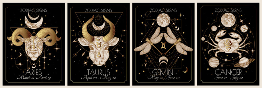 Vector set of the 4 first zodiac signs. Gold on a black background. Aries, Taurus, Gemini, Cancer