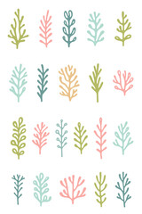 Collection of color vector illustrations of seaweed in flat style, variety of marine plants.