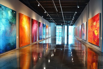 A visually stunning gallery exhibition showcasing the bold and modern use of paint on the walls,...