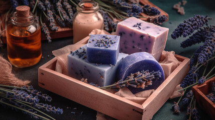Fototapeta na wymiar Homemade lavender soap with fresh lavender flowers on wooden background. spa hygiene, cleanliness, body care concept