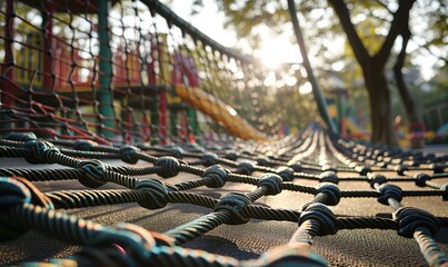 close-up of a rope bridge in a park. The bridge is made of thick ropes that are woven together in a net pattern. The ropes are brown and appear to be made of natural fibers