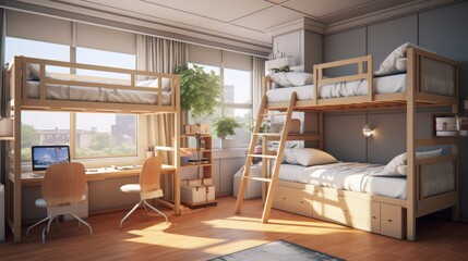 four-person student dorm room, bunk bed, neat and clean, minimalist styling, realistic and hyper-detailed rendering style - obrazy, fototapety, plakaty