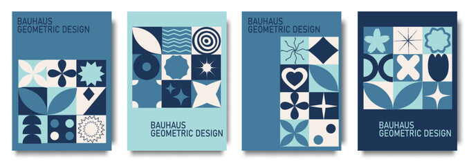 Abstract Bauhaus geometric backgrounds with circle, triangle and square shapes. Minimalistic trendy brutalist backgrounds.