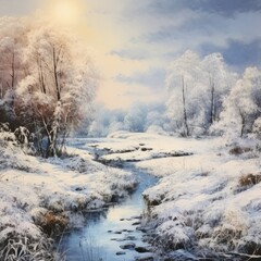 Obraz na płótnie Canvas winter landscape with river and trees