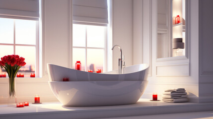 An all-white bathroom with a beautiful bathtub in a clean environment with a refined touch. Generative AI