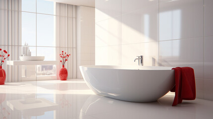 Fototapeta na wymiar An all-white bathroom with a beautiful bathtub in a clean environment with a refined touch. Generative AI