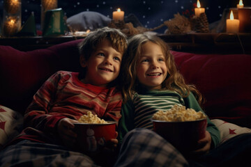 Kids having a cozy New Year's Eve movie night with popcorn and blankets.