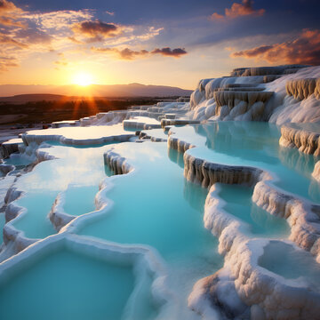 Pamukkale Hotsprings with the sunset in the background 