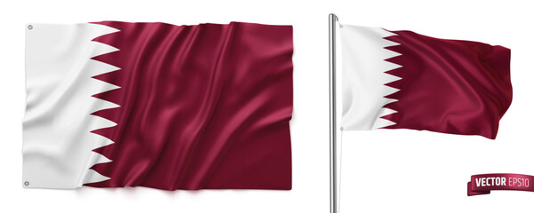 Vector realistic illustration of Qatar flags on a white background.
- 702730877